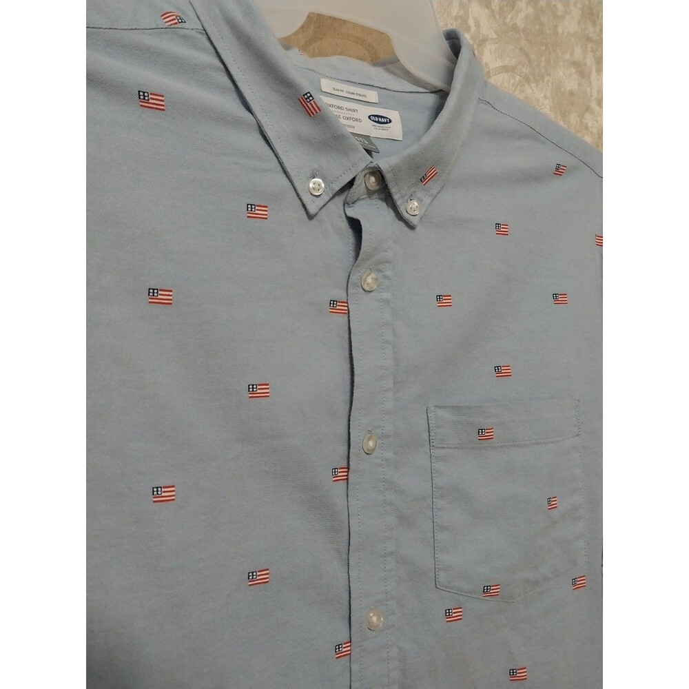 Old Navy XXL Slim Fit Oxford Shirt Light Blue Flag Print Button Down Stretch